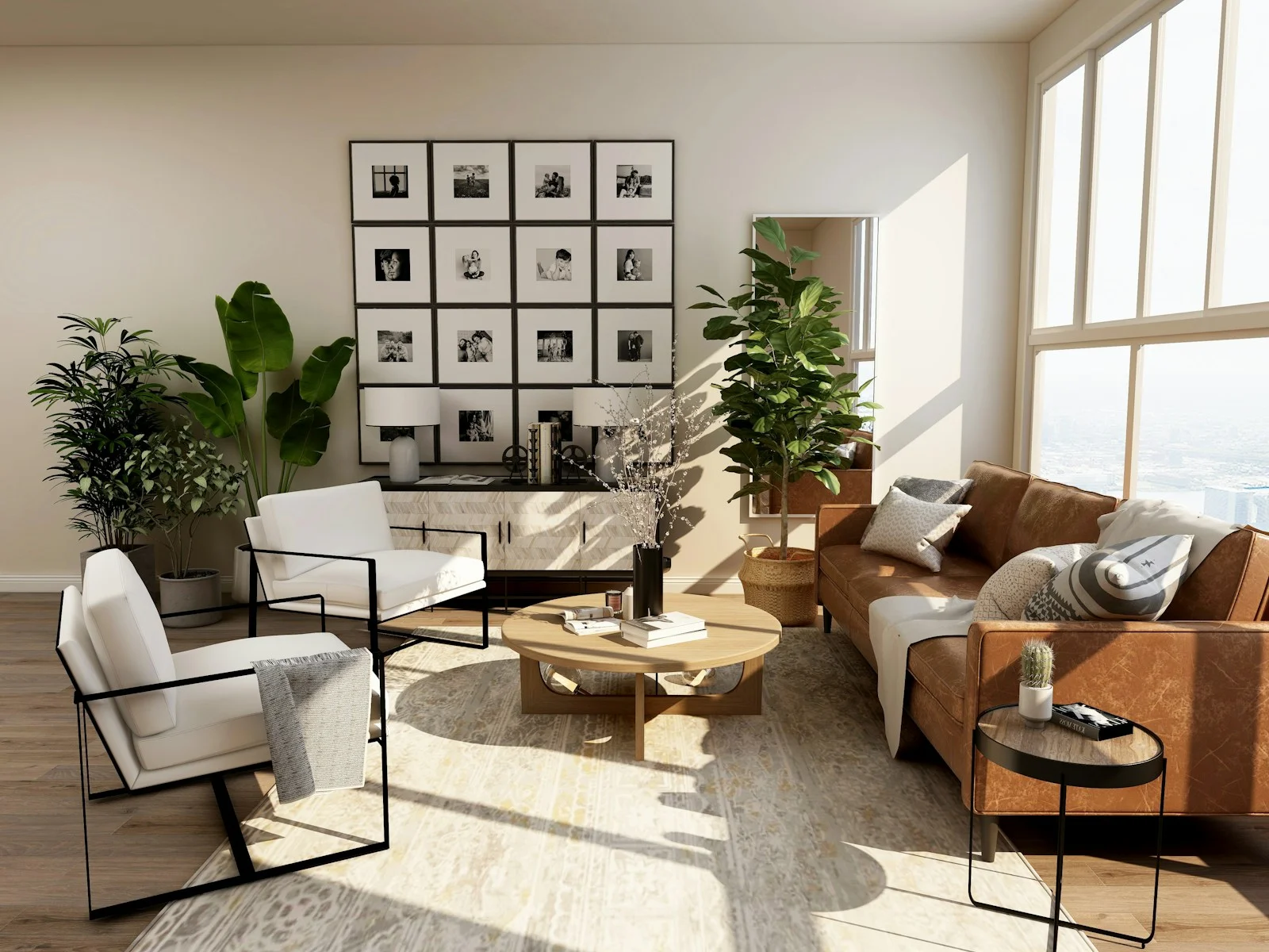 Living luminos cu mobilier în tonuri naturale, imagine de atmosferă